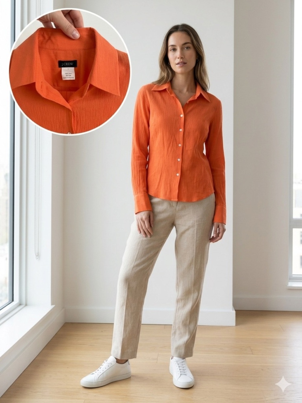 J. Crew 100% Cotton Crinkle Gauze Button Down Shirt Orange 4